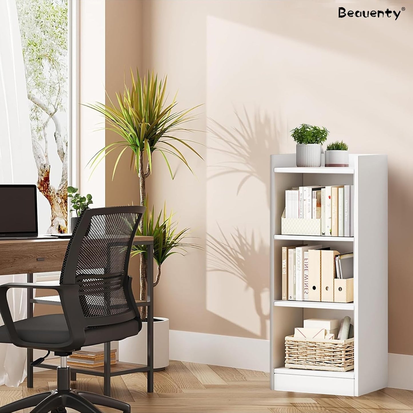 Modern Home white 3-tier narrow bookshelf with C-type guardrail in a bright home office setting.