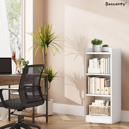 Modern Home white 3-tier narrow bookshelf with C-type guardrail in a bright home office setting.