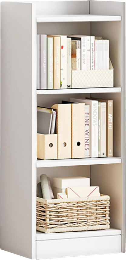 Modern Home white 3-tier narrow standing bookshelf with books and storage baskets in a minimalist design