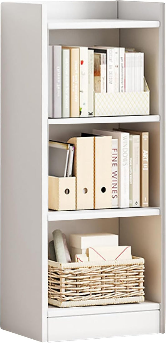 Modern Home white 3-tier narrow standing bookshelf with books and storage baskets in a minimalist design
