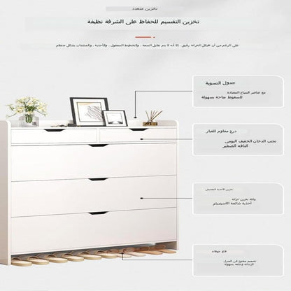 Modern Home white slim entryway shoe cabinet with three tipping drawers, two top storage drawers, and open bottom shelf.