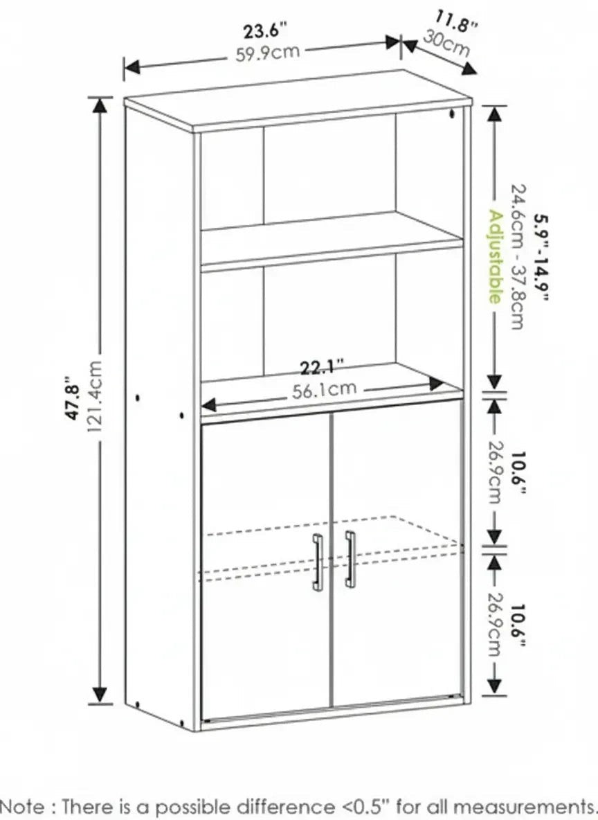 Modern Home white tall storage cabinet with open shelves and double-door cupboard, showing dimensions and layout.