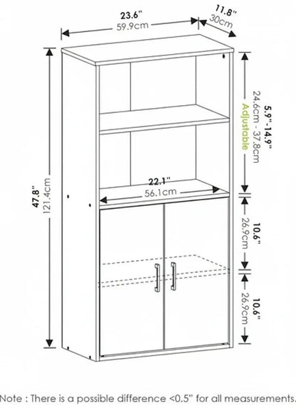 Modern Home white tall storage cabinet with open shelves and double-door cupboard, showing dimensions and layout.
