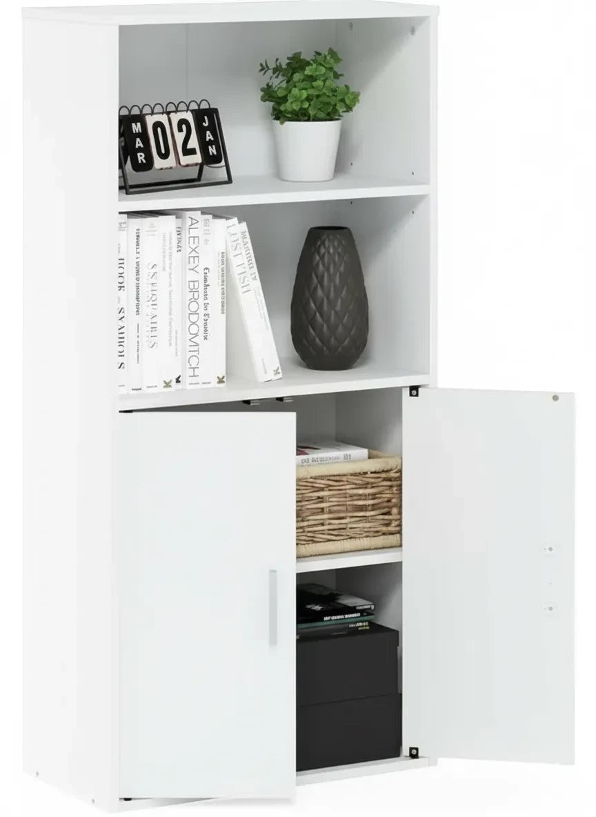 Modern Home white tall storage cabinet with two open shelves and a double-door cupboard for versatile home organization.