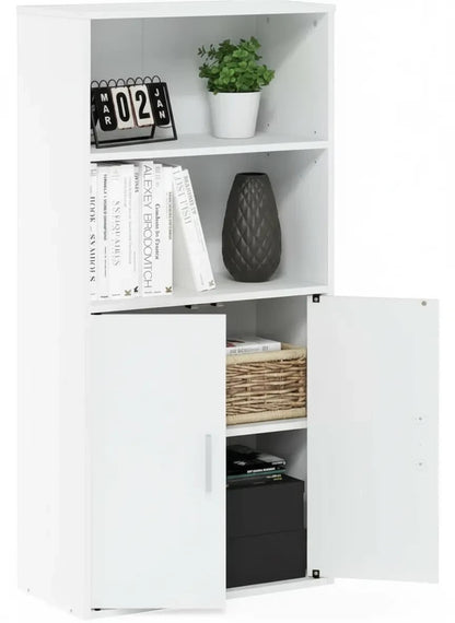 Modern Home white tall storage cabinet with two open shelves and a double-door cupboard for versatile home organization.