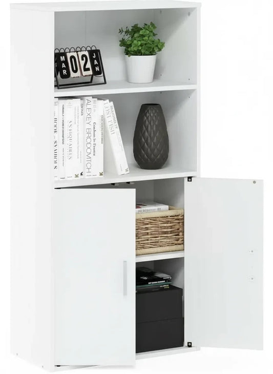 Modern Home white tall storage cabinet with two open shelves and a double-door cupboard for versatile home organization.