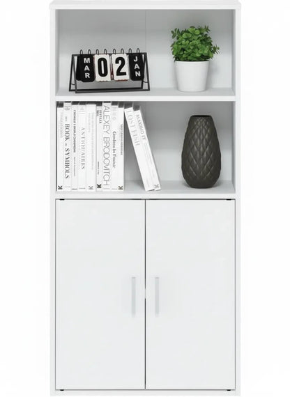 Modern Home white tall storage cabinet with two open display shelves and a double-door cupboard for hidden storage.