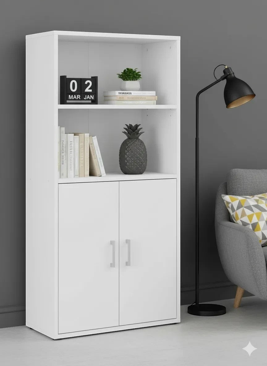Modern Home white tall storage cabinet with two open shelves and a double-door cupboard in a minimalist living room.