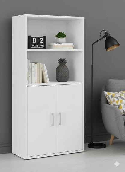 Modern Home white tall storage cabinet with two open shelves and a double-door cupboard in a minimalist living room.