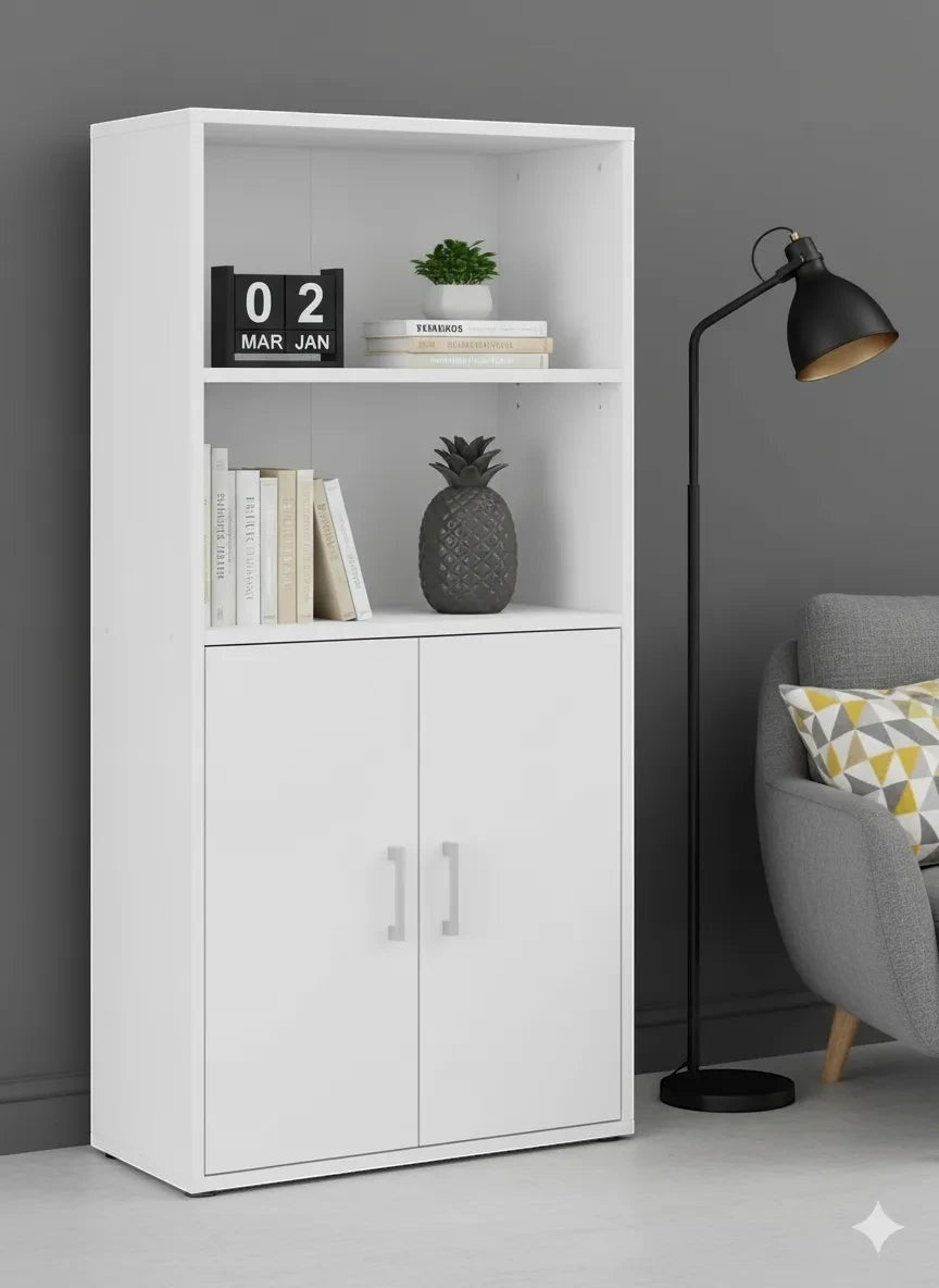Modern Home white tall storage cabinet with two open shelves and a double-door cupboard in a minimalist living room.