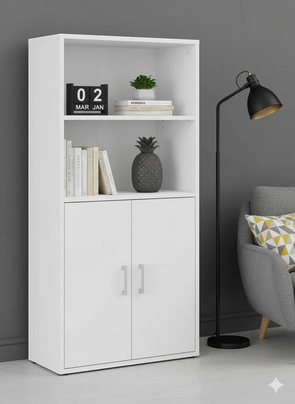 Modern Home white tall storage cabinet with two open shelves and a double-door cupboard in a minimalist living room.