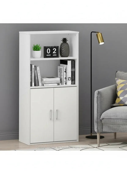 Modern Home white tall storage cabinet with two open shelves and a double-door cupboard in a minimalist living room.