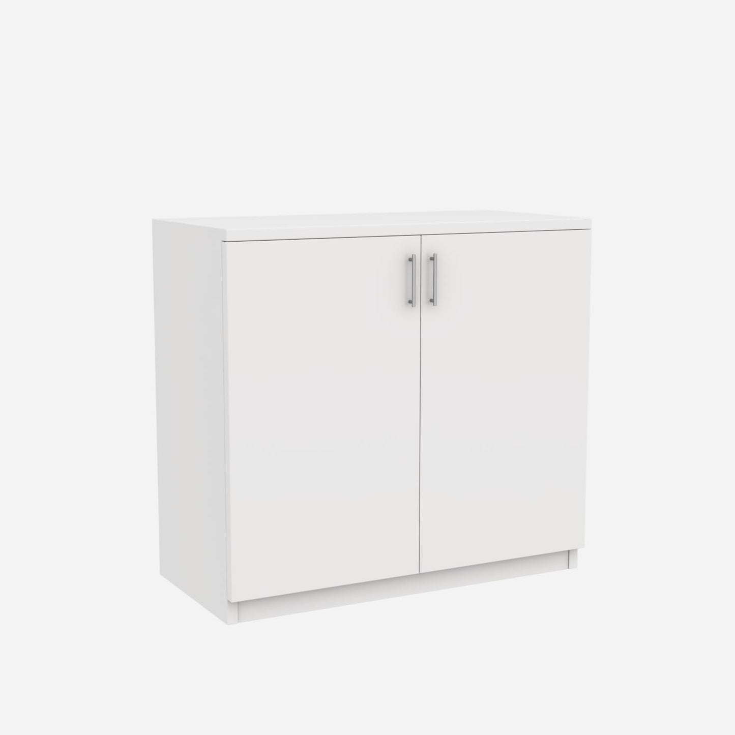 Modern Home white two-door storage cabinet with a minimalist design and silver handles on a plain background.