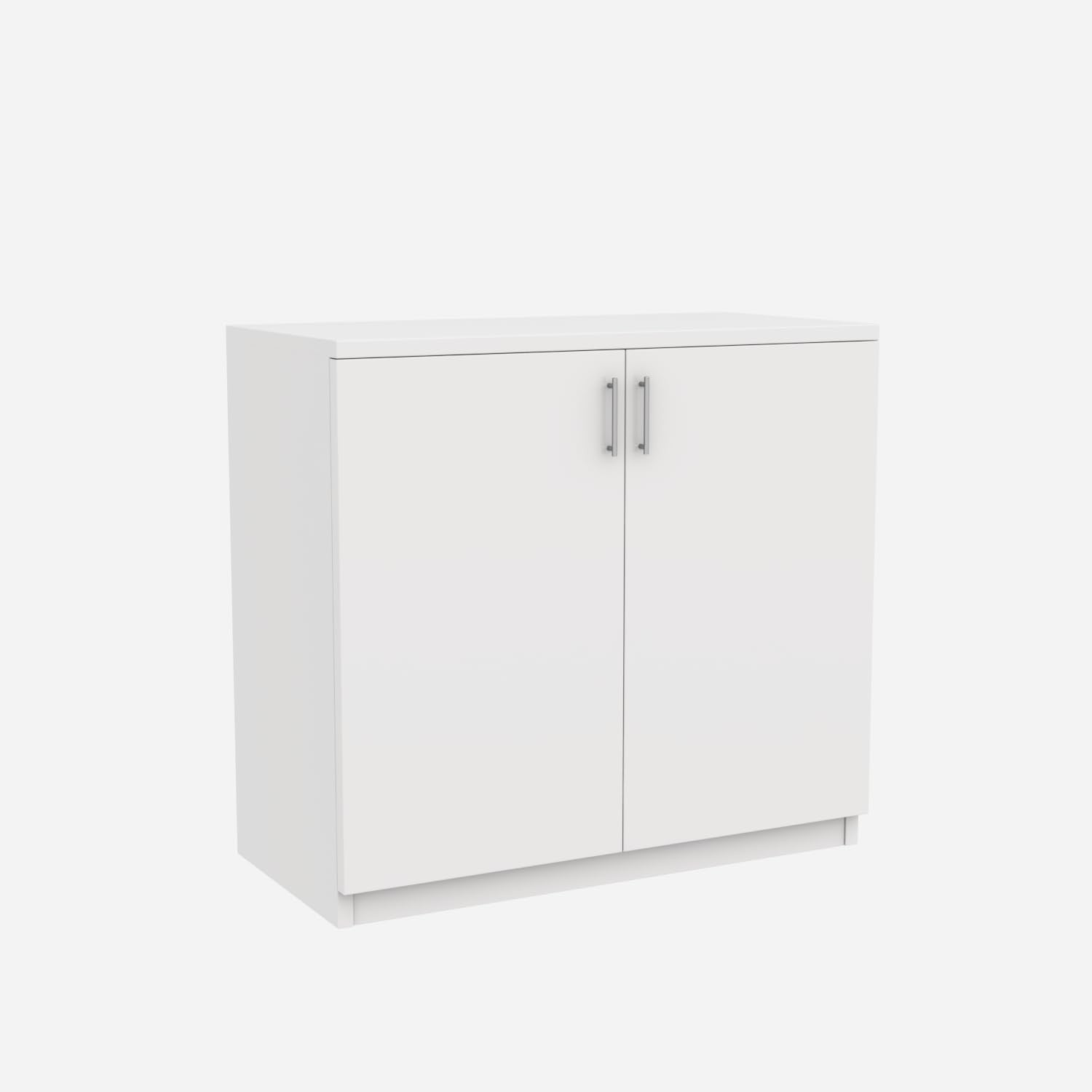 Modern Home white two-door storage cabinet with a minimalist design and silver handles on a plain background.