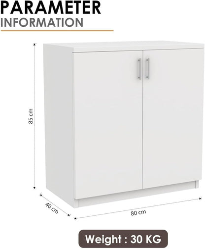 Modern Home white two-door storage cabinet with dimensions and minimalist design for home or office organization.