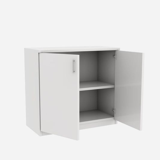 Modern Home white two-door storage cabinet with an interior shelf and minimalist design for home or office organization.