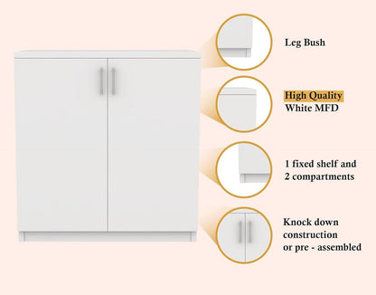 Modern Home white two-door storage cabinet with interior shelf and minimalist design for home or office organization.