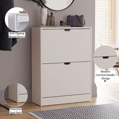 Modern Home white two-tier shoe storage cabinet with cut-out handles, anti-tipping mount, and protective foot pads.