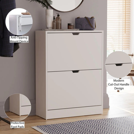 Modern Home white two-tier shoe storage cabinet with cut-out handles, anti-tipping mount, and protective foot pads.