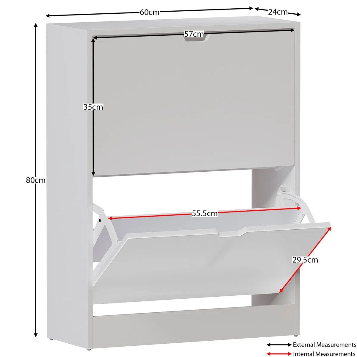 Modern Home white two-tier shoe storage cabinet with drop-down compartments and annotated dimensions.