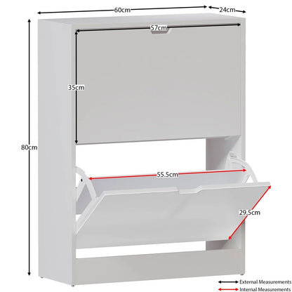 Modern Home white two-tier shoe storage cabinet with drop-down compartments and annotated dimensions.
