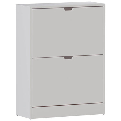 Modern Home white two-tier shoe storage cabinet with a minimalist design and drop-down compartments for entryways.