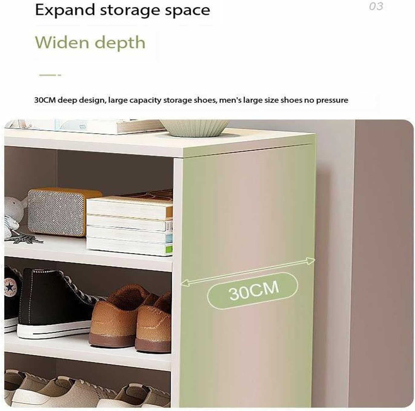 Modern Home white vertical shoe storage cabinet with 30cm deep shelves holding various shoes and books