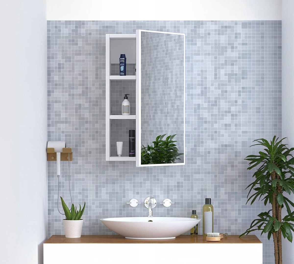 Modern Home white wall-mounted bathroom medicine cabinet with mirrored door and two internal storage shelves