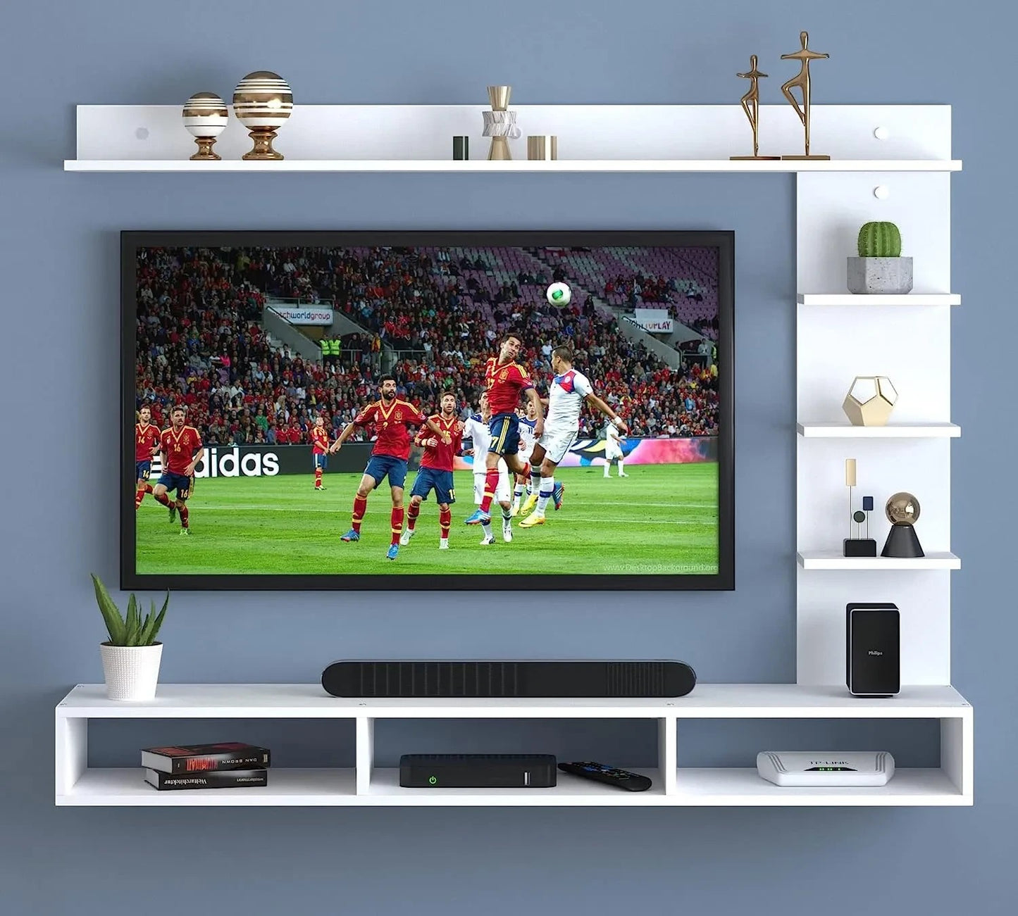 Modern Home white wall-mounted entertainment center with media console, side shelving, and space for a 43-inch TV.