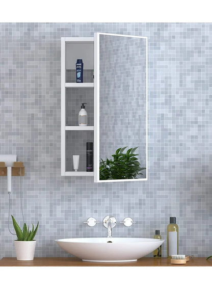 Modern Home white wall-mounted bathroom medicine cabinet with a mirrored door and three internal storage shelves.