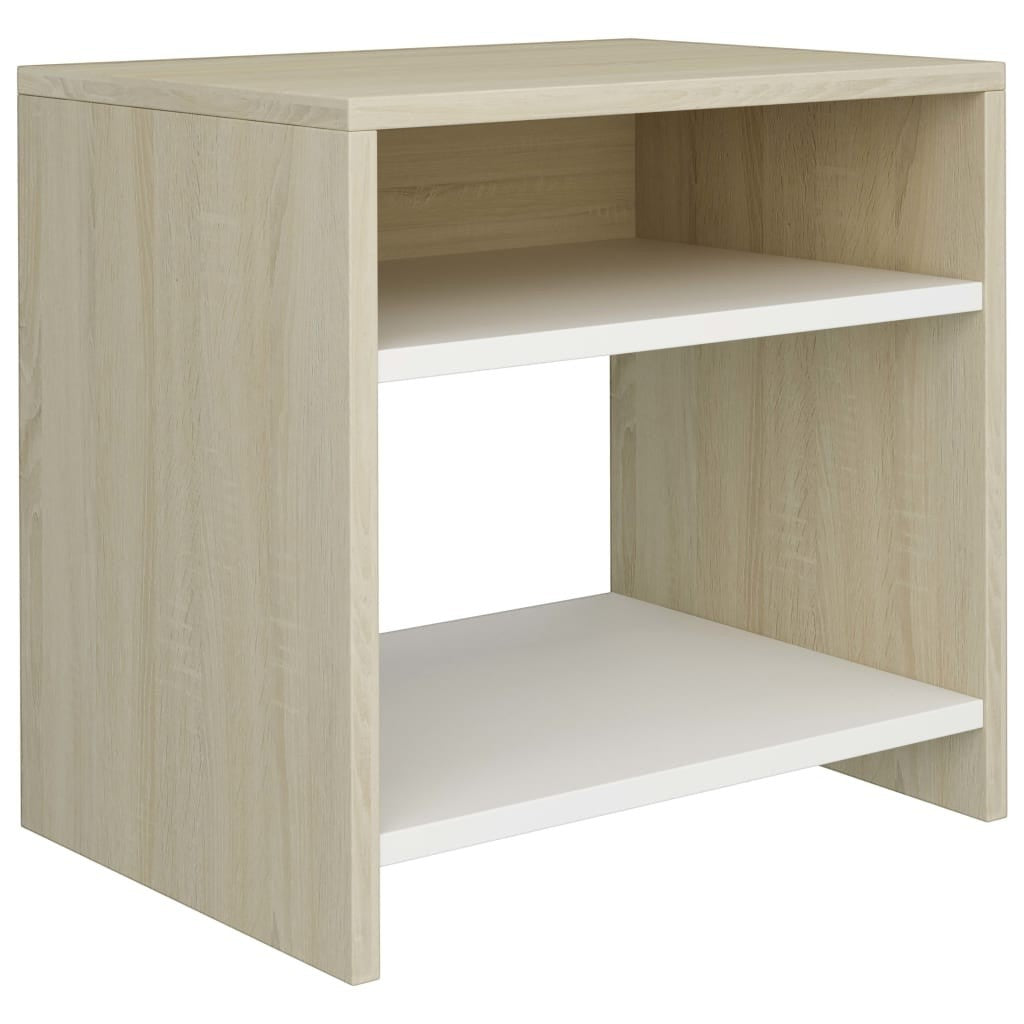Modern Home white and light wood bedside table with an open shelf for bedroom storage
