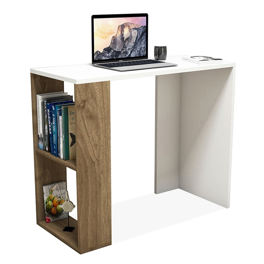 Modern Home work and study desk featuring a white surface and wood-grain side shelves for organized storage.
