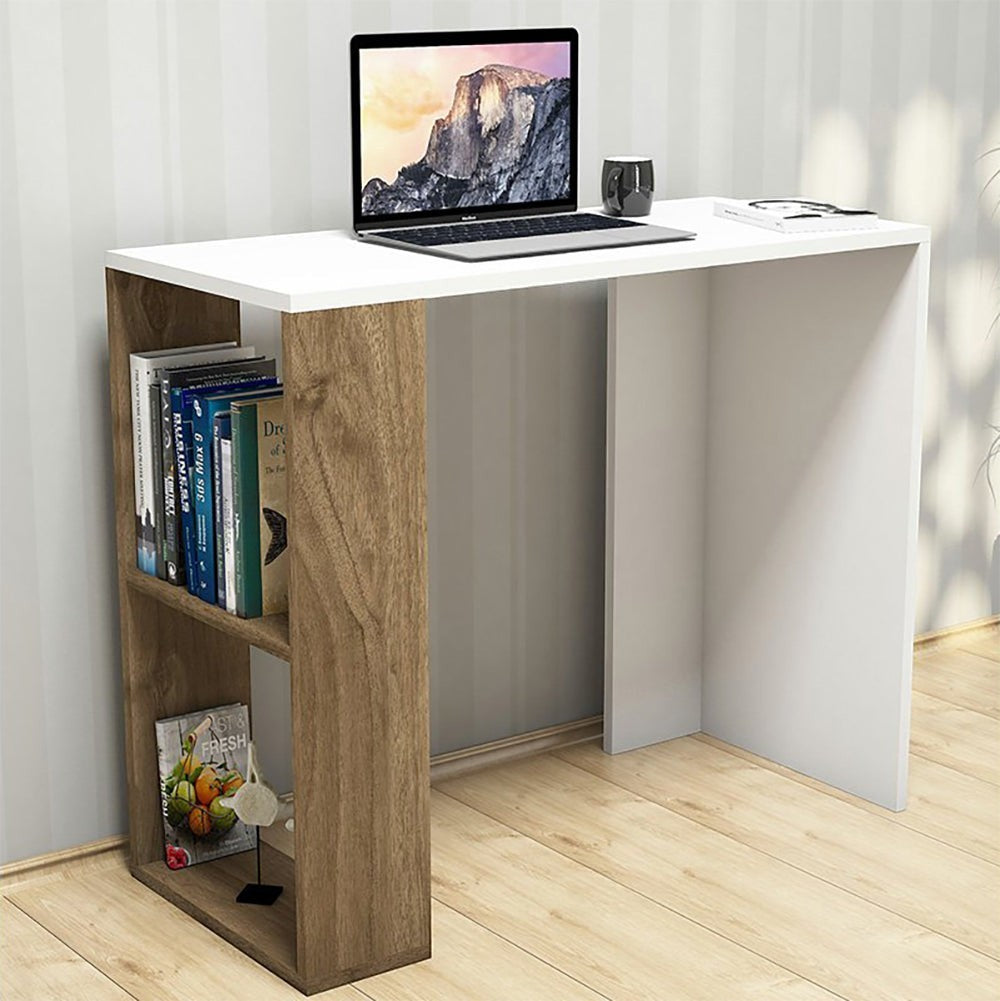 Modern Home white and wood grain work and study desk with integrated side storage shelves for books and office supplies