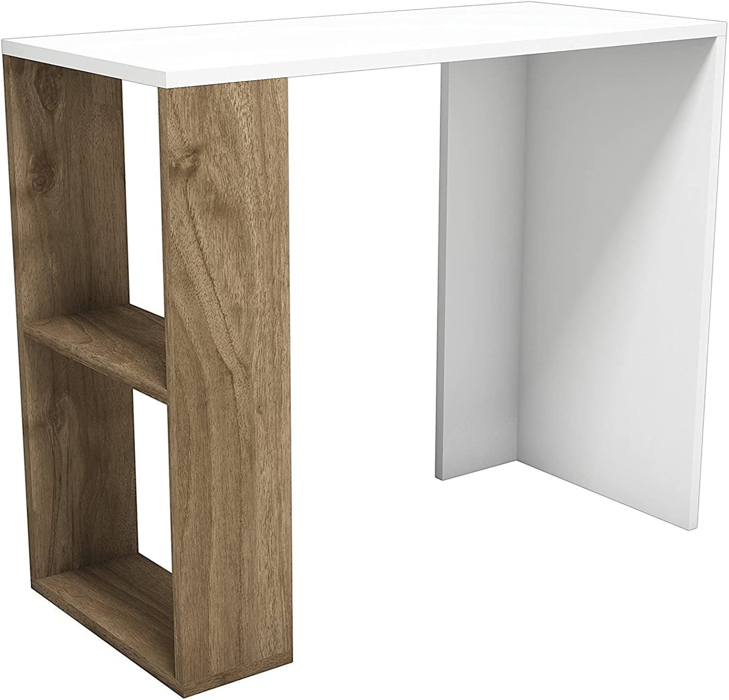 Modern Home work and study desk featuring a white tabletop and a natural wood grain side shelf unit for storage.