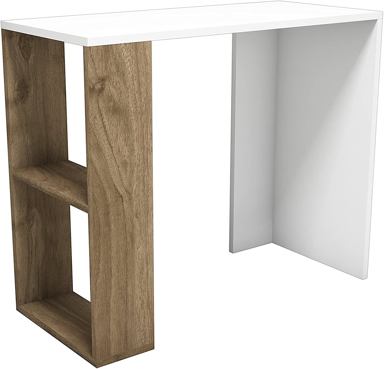 Modern Home work and study desk featuring a white tabletop and a natural wood grain side shelf unit for storage.