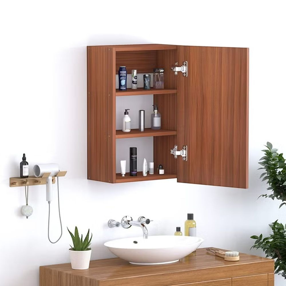 Modern Home wall-mounted bathroom cabinet in wood finish with open door, three shelves, and toiletries inside.