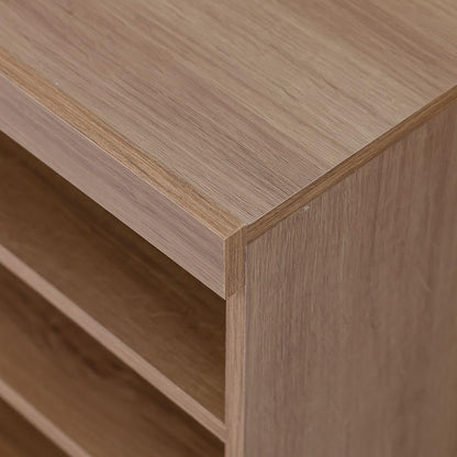 Modern Home rolling media console with a natural wood-grain finish and open shelving for organized storage.