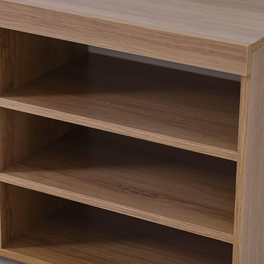 Modern Home rolling media console with a natural wood-grain finish and three open storage shelves.