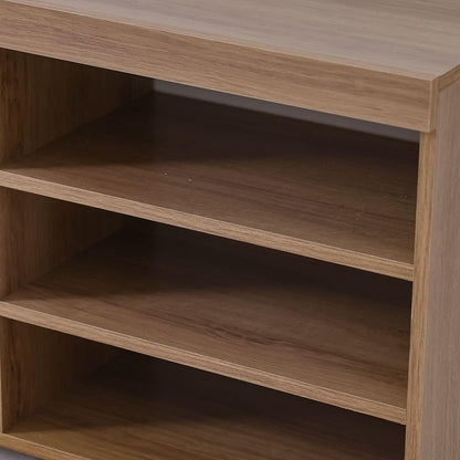 Modern Home rolling media console with a natural wood-grain finish and three open storage shelves.