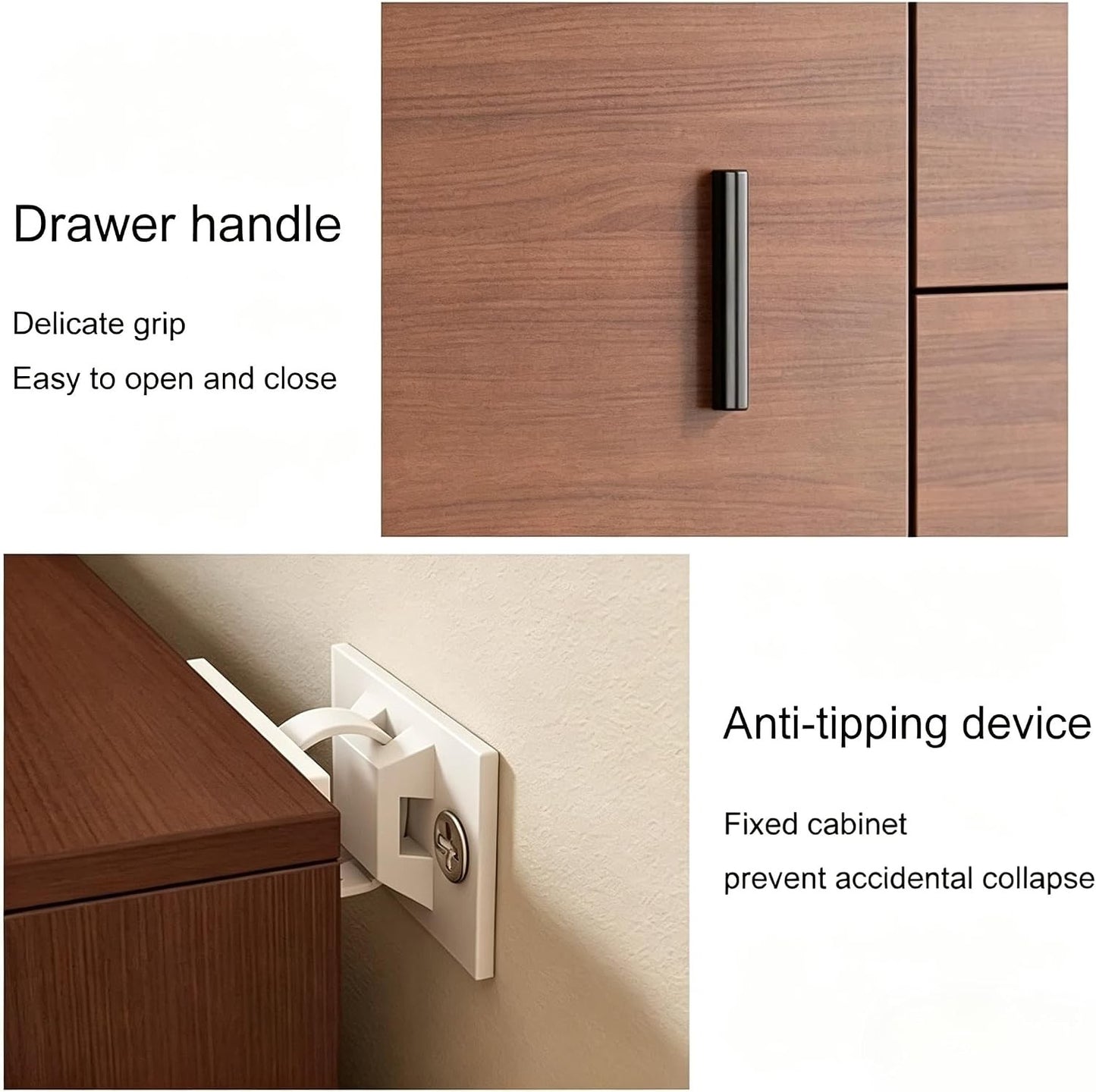 Modern Home tall wooden bookcase featuring a sleek black drawer handle and a secure wall-mounted anti-tipping device.